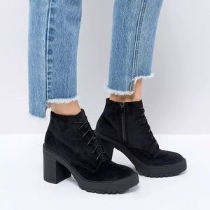 St Sana Black Velvet Lace Up Platform Chunky Heel Boot